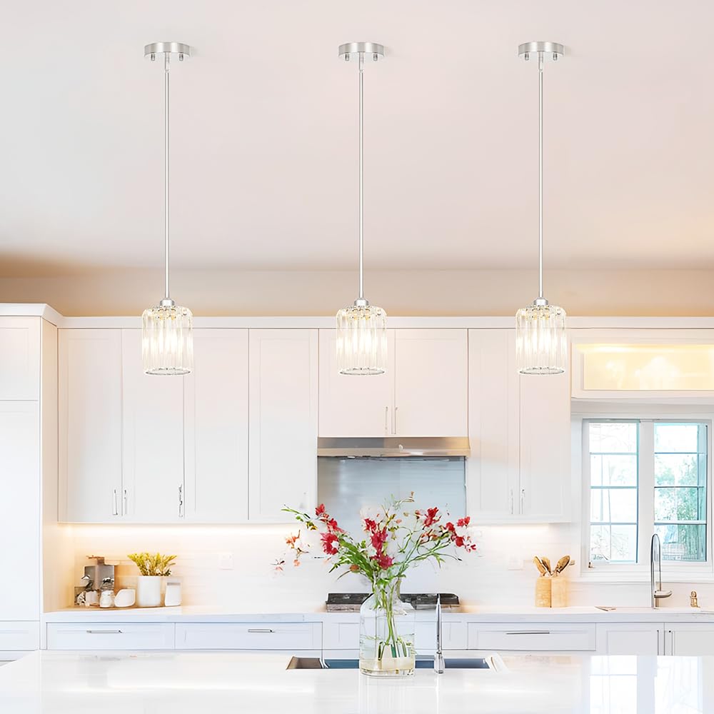 Chrome Kitchen Pendant Lights Over Island With Adjustable Rods - Crystal Pendant Lighting Fixtures For Sloped Ceiling  Ideal Over Dining Table Or Bar  E26 Bulb Compatible  No Electrician Needed