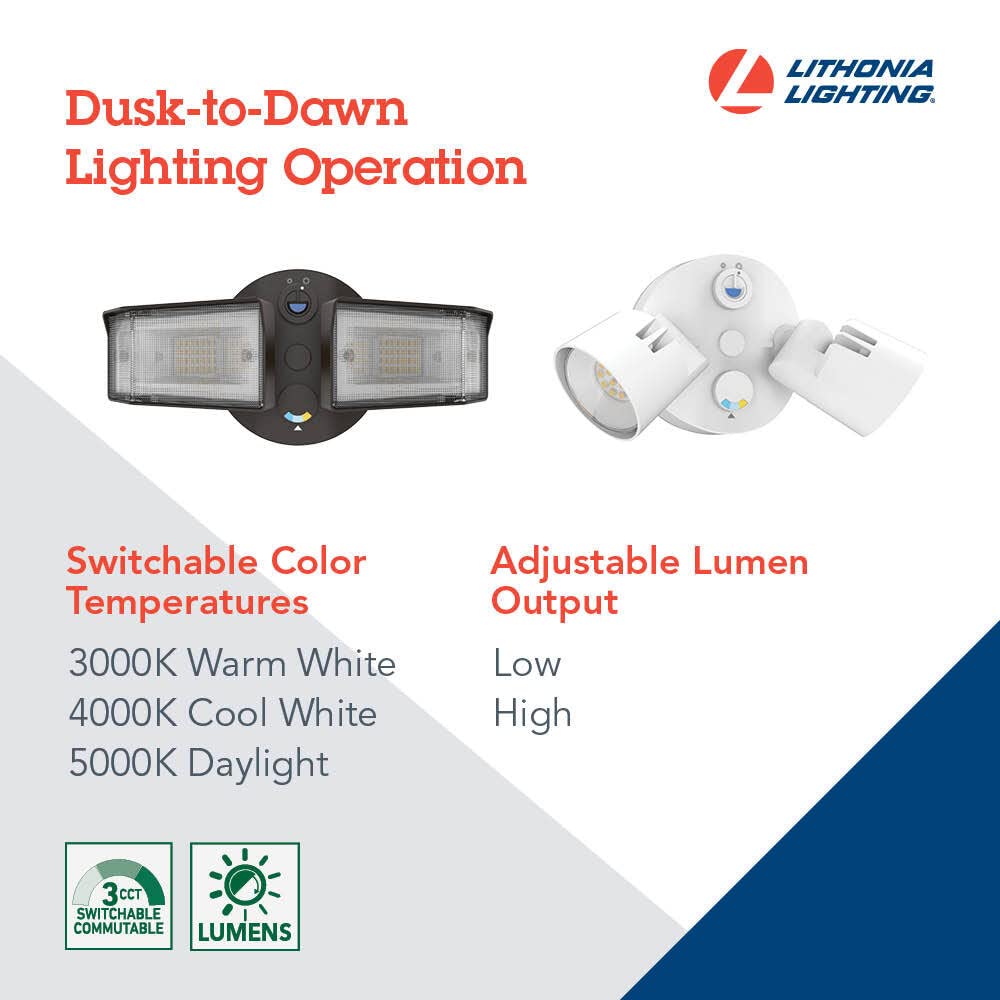 Lithonia Lighting HGX LED Security Flood Lights, 2-Light, Photocell Sensor, Dark Bronze, 1800-2750 Lumens