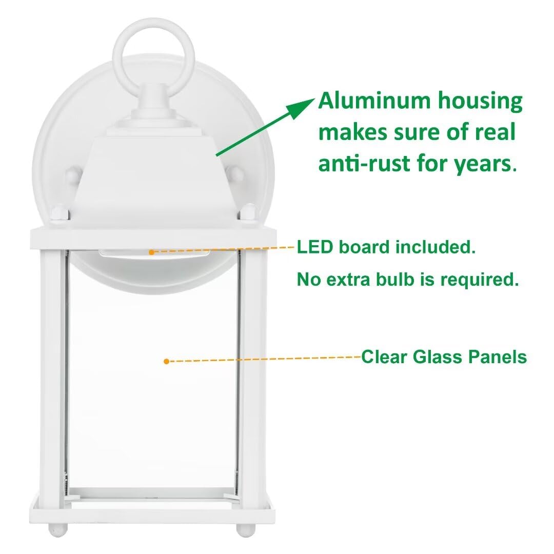 LIT-PaTH Outdoor LED Wall Lantern, 9.5W 800 Lumen, Aluminum, 3000K, Matte White Finish, 2-Pack, Model LT-WL001