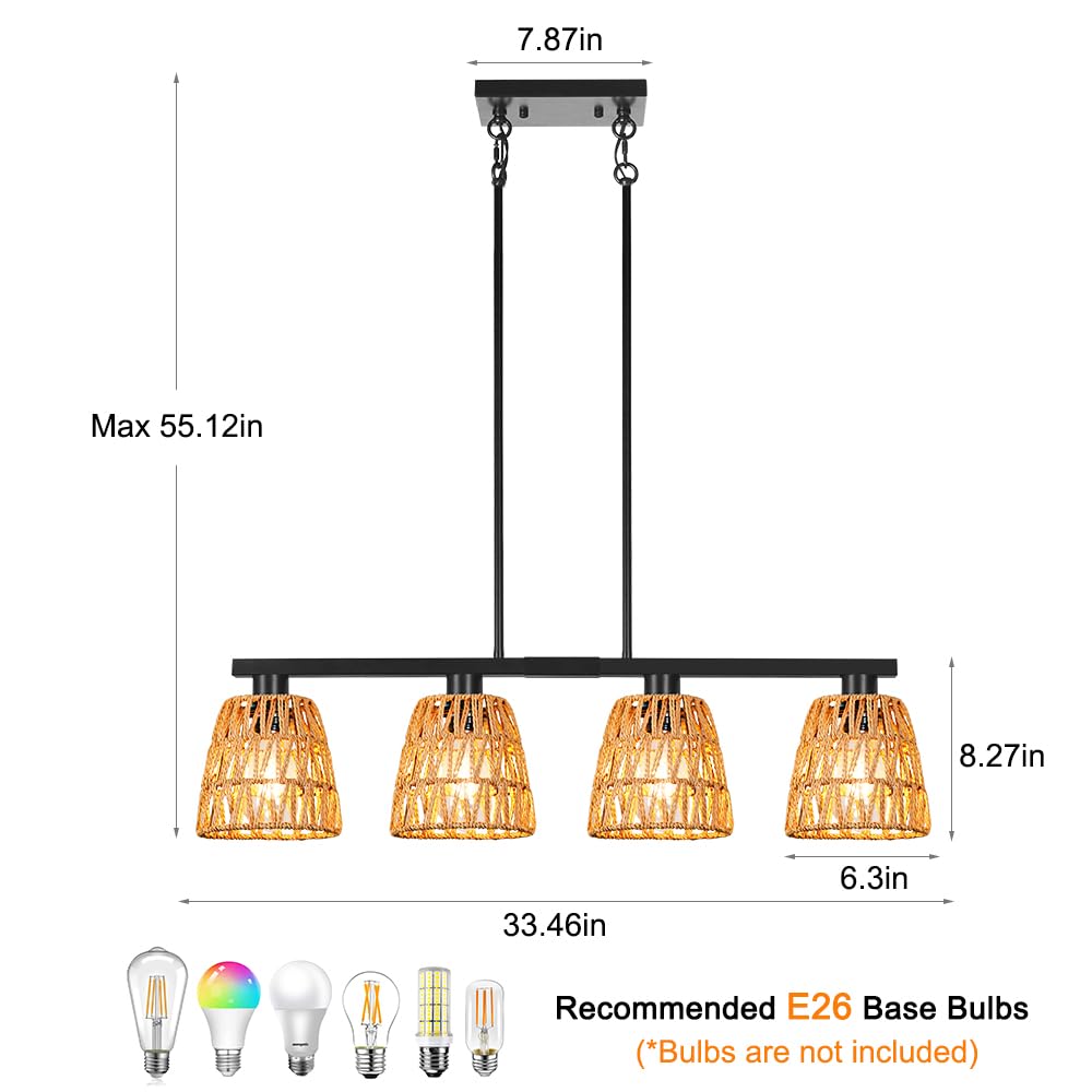 Black 4-Light Kitchen Island Lighting  Boho Rattan Dining Room Light Fixture  Farmhouse Island Light For Kitchen With Shade  Adjustable Linear Chandelier Pendant Lights Kitchen Island Over Bars  Table