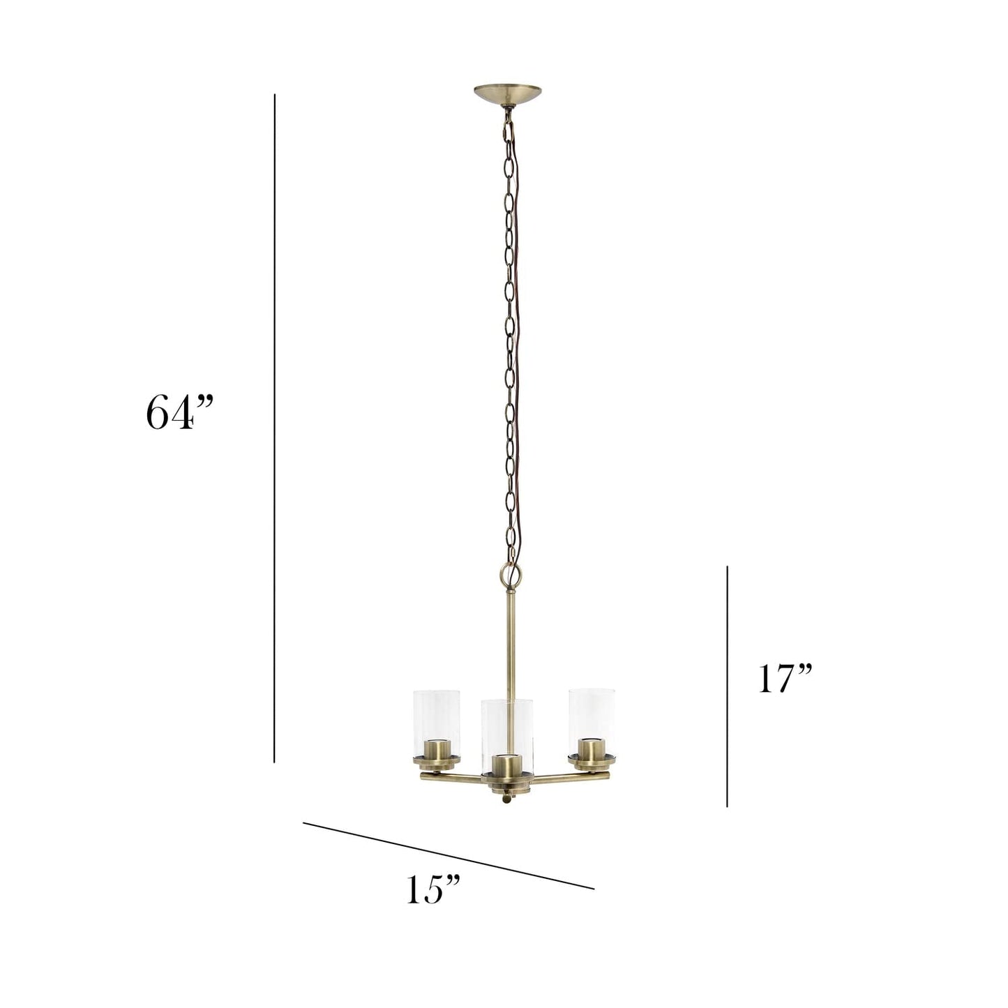 Elegant Designs Pendant Chandelier 3-Light Metal Clear Glass 15in Antique Brass PT1018-ABS