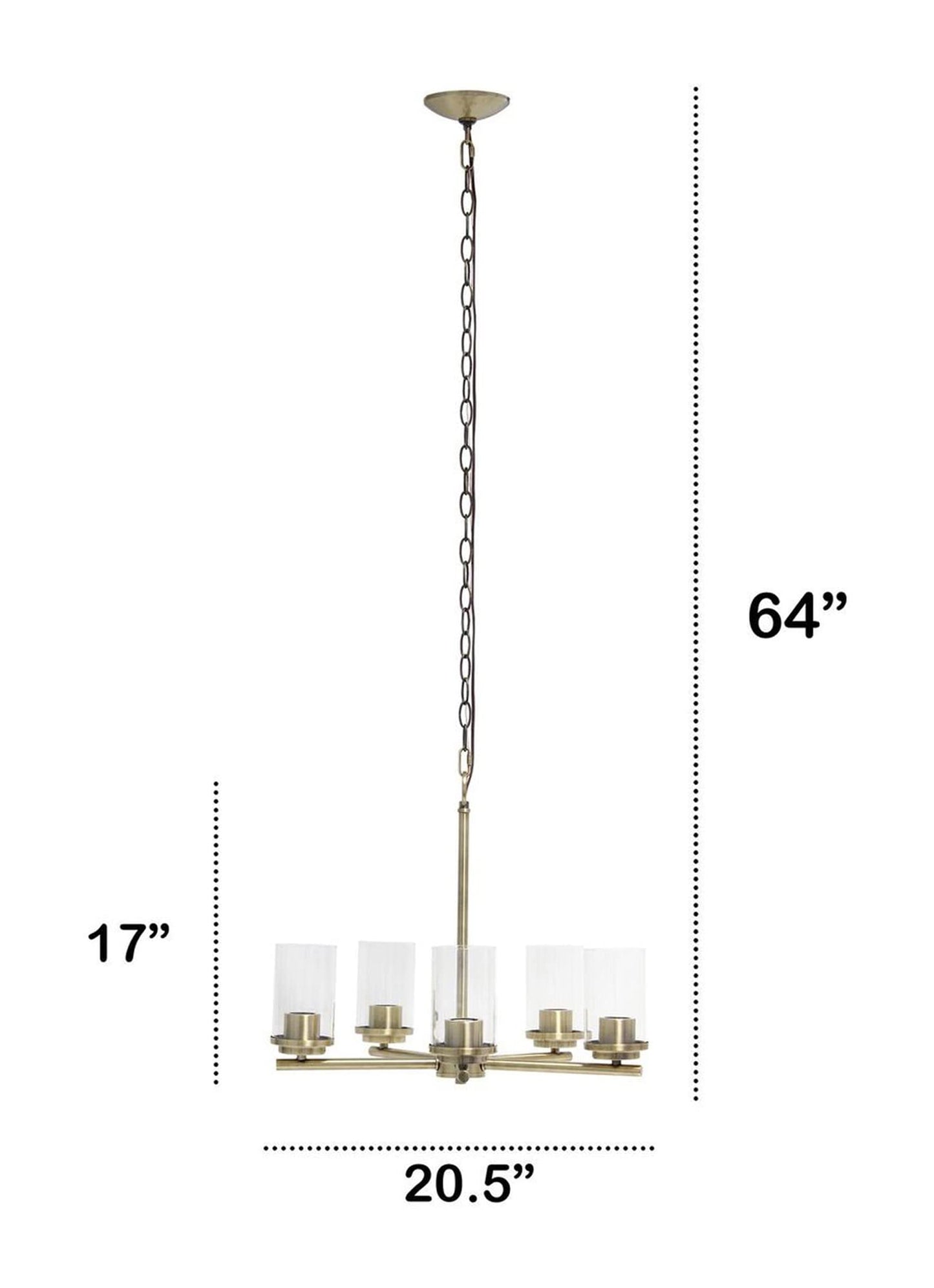 LALIA HOME 5-Light Pendant Chandelier, Clear Glass & Antique Brass, 20.5in x 20.5in x 64in, Model 1270-LHP-3013-