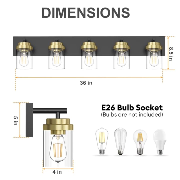 Izorro Bathroom Vanity Light Fixture  5-Light 36 Inch Black And Gold Bathroom Light Fixtures Over Mirror  With Clear Glass Shade  Modern Farmhouse Vanity Lights  Rustic Restroom Lighting Fixtures