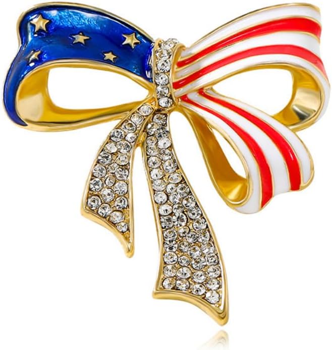 Rhinestone Bowknot USA Flag Brooch Pin for Women Gold Plated Fashion Crystal Star Blue Red Enamel 4th of July American Patriotic Medal Brooches Dress Accessories Independence Presidential Election Day