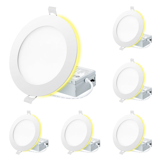 Eosmile 6 Inch White Recessed Lighting With Night Light 6 Pack  High Brightness Canless Wafer  12W  120V  1100Lm  Dimmable  2700K-5000K Selectable  Etl Fcc