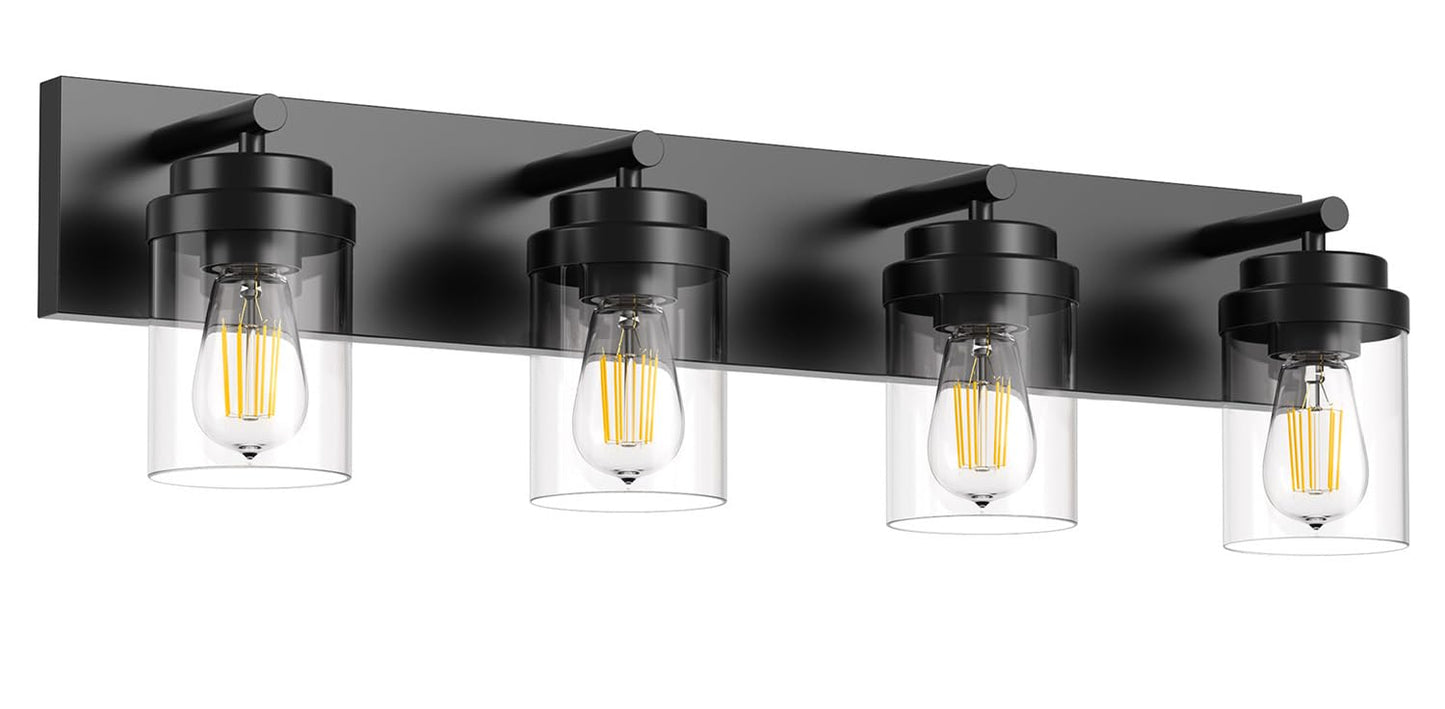 Izorro Bathroom Vanity Light Fixture  4-Light 27.5 Inch Matte Black Bathroom Light Fixtures Over Mirror  With Clear Glass Shade  Modern Farmhouse Vanity Lights  Rustic Restroom Lighting Fixtures