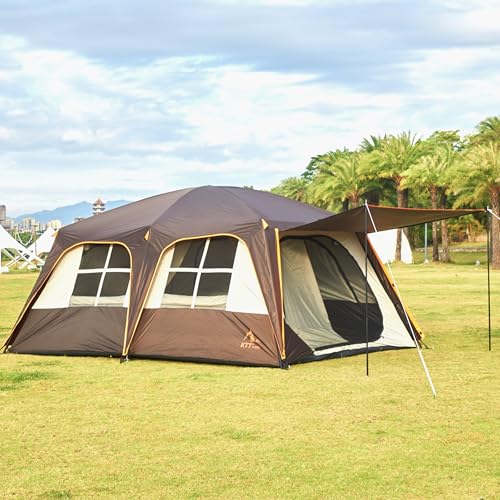 KTT Extra Large Tent 12 Person(A),Awning Family Cabin Tents,2 Rooms,4 Doors and 4 Windows with Mesh,Straight Wall,Waterproof,Double Layer,Big Tent for Outdoor,Picnic,Camping,Family Gathering(Brown)