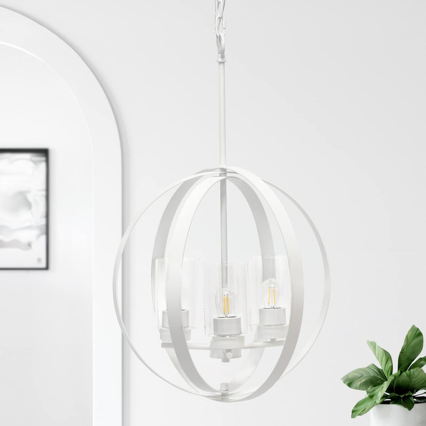 Elegant Designs 3-Light Pendant Light, Metal & Glass, 18in Adjustable, White, Model PT1021-WHT