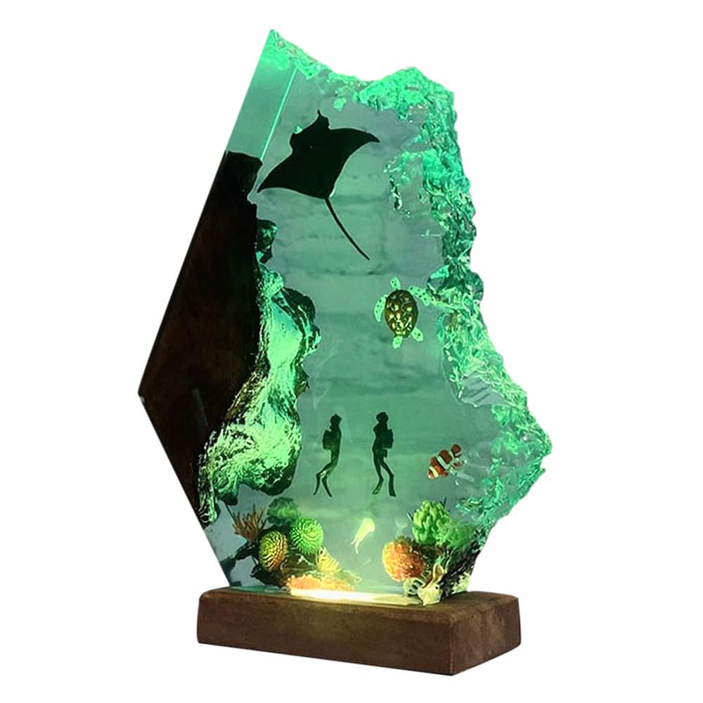 Nice Hera Handmade 3D Ocean Resin Lamp - Usb Powered Resin Ocean Night Light With Wooden Base  Variable Lights  Scuba Diver Gifts  Bedroom Decor  Unique Gifts For MotherS FatherS Birthday