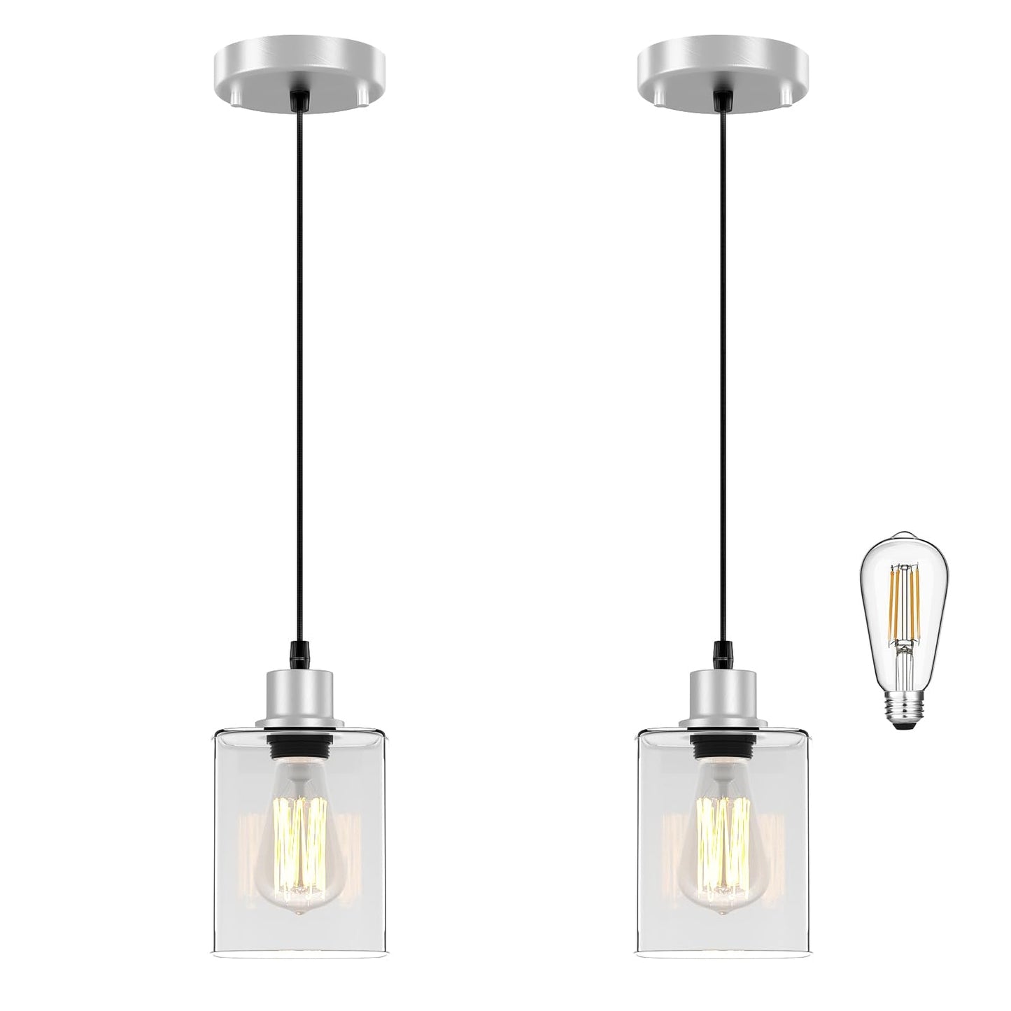 Pendant Light Kitchen Island Lighting 2 Pcs  With Bulb & Clear Glass Shade - 59 Inch Hanging Cord Farmhouse Hanging Lighting Fixture For Dining Room Bedroom Hallway - Brushed Nickel