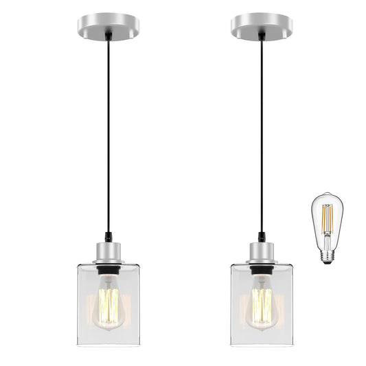 Pendant Light Kitchen Island Lighting 2 Pcs  With Bulb & Clear Glass Shade - 59 Inch Hanging Cord Farmhouse Hanging Lighting Fixture For Dining Room Bedroom Hallway - Brushed Nickel