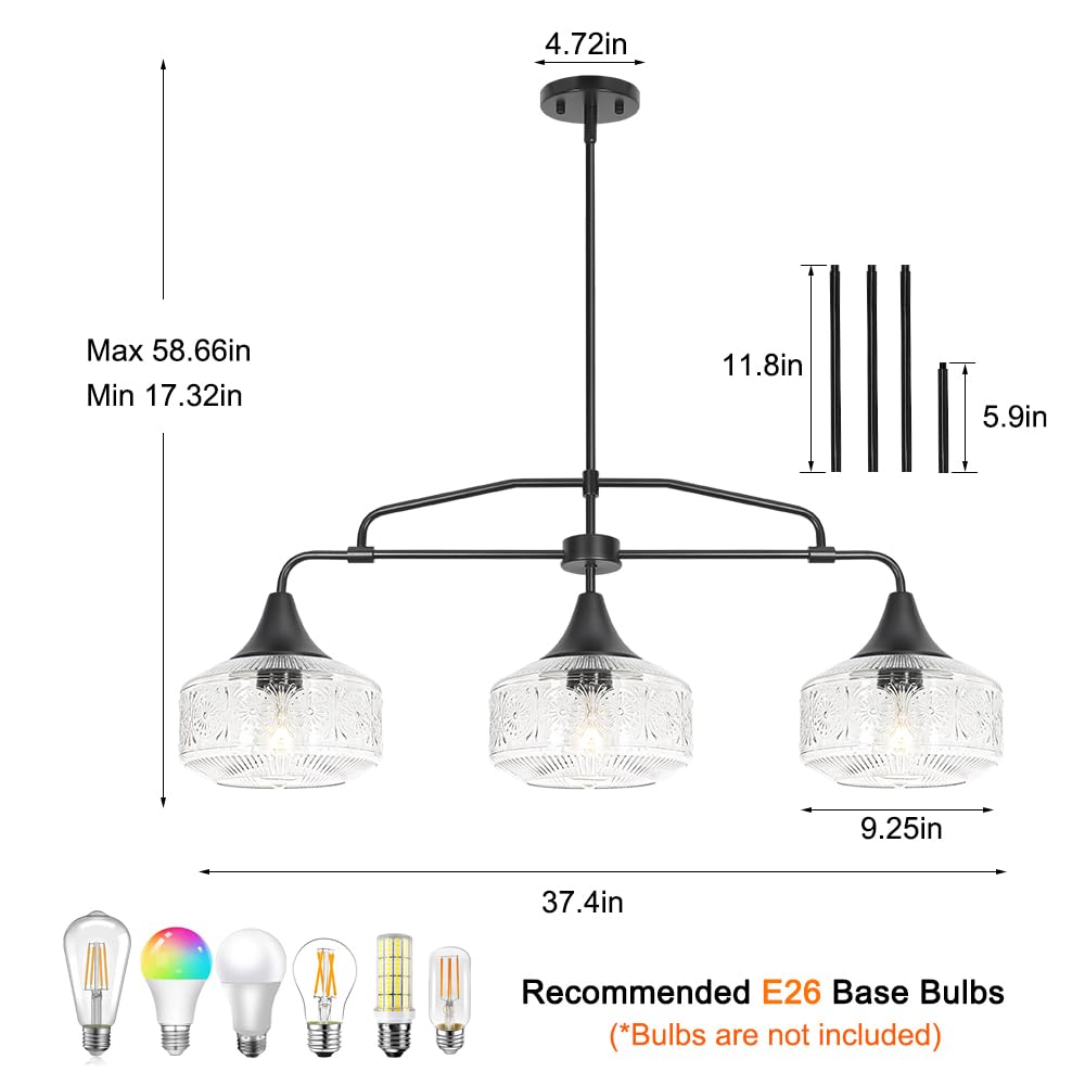 Farmhouse Kitchen Island Lighting  Black 3-Light Island Light For Kitchen  Adjustable Dining Room Light Fixture Over Table  Linear Chandelier Pendant Lighting With Clear Glass For Living Room Sink
