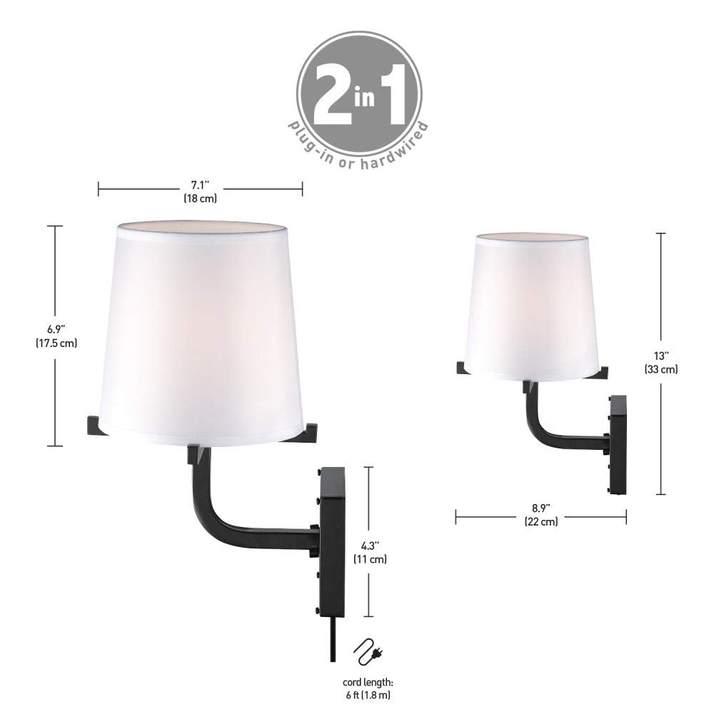 Globe Electric 51515 1-Light Wall Sconce, Dark Bronze with White Shade, Plug-in or Hardwire, 6ft Cord, Inline Switch