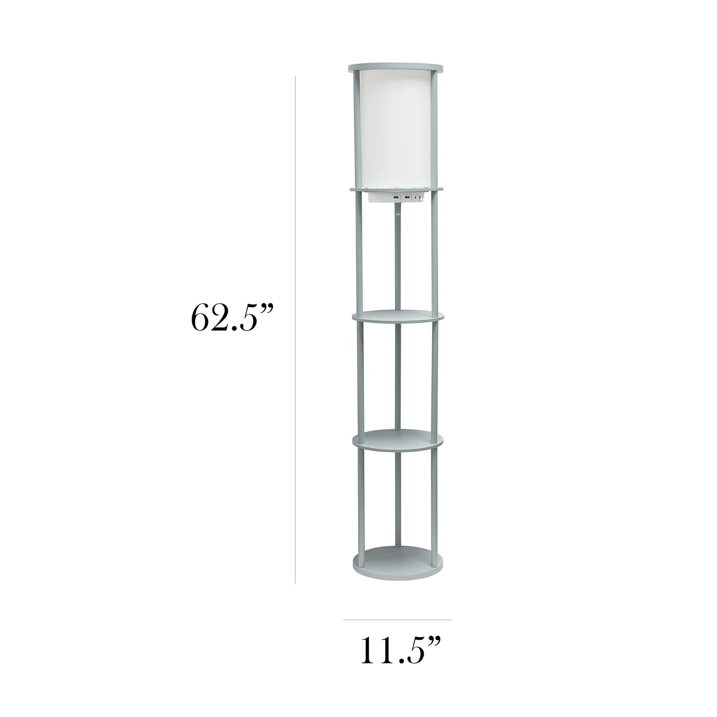 Simple Designs LF2010-GRY 62.5in Round Floor Lamp with USB Ports, Gray