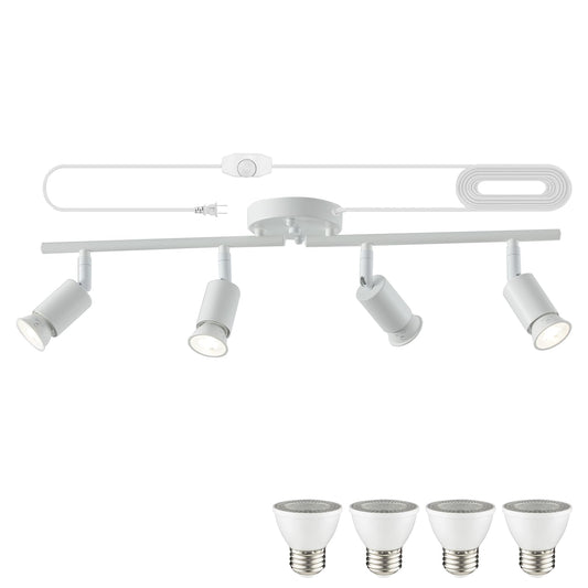 Vivihobb Dimmable Plug In Track Light White 4 Light Plug In Ceiling Lighting Fixture With 16.4 Long Cord 4 Way Ceiling Spotlight Rotatable Wall Mount Light Head Led Dimmable Spot Bulbs Included