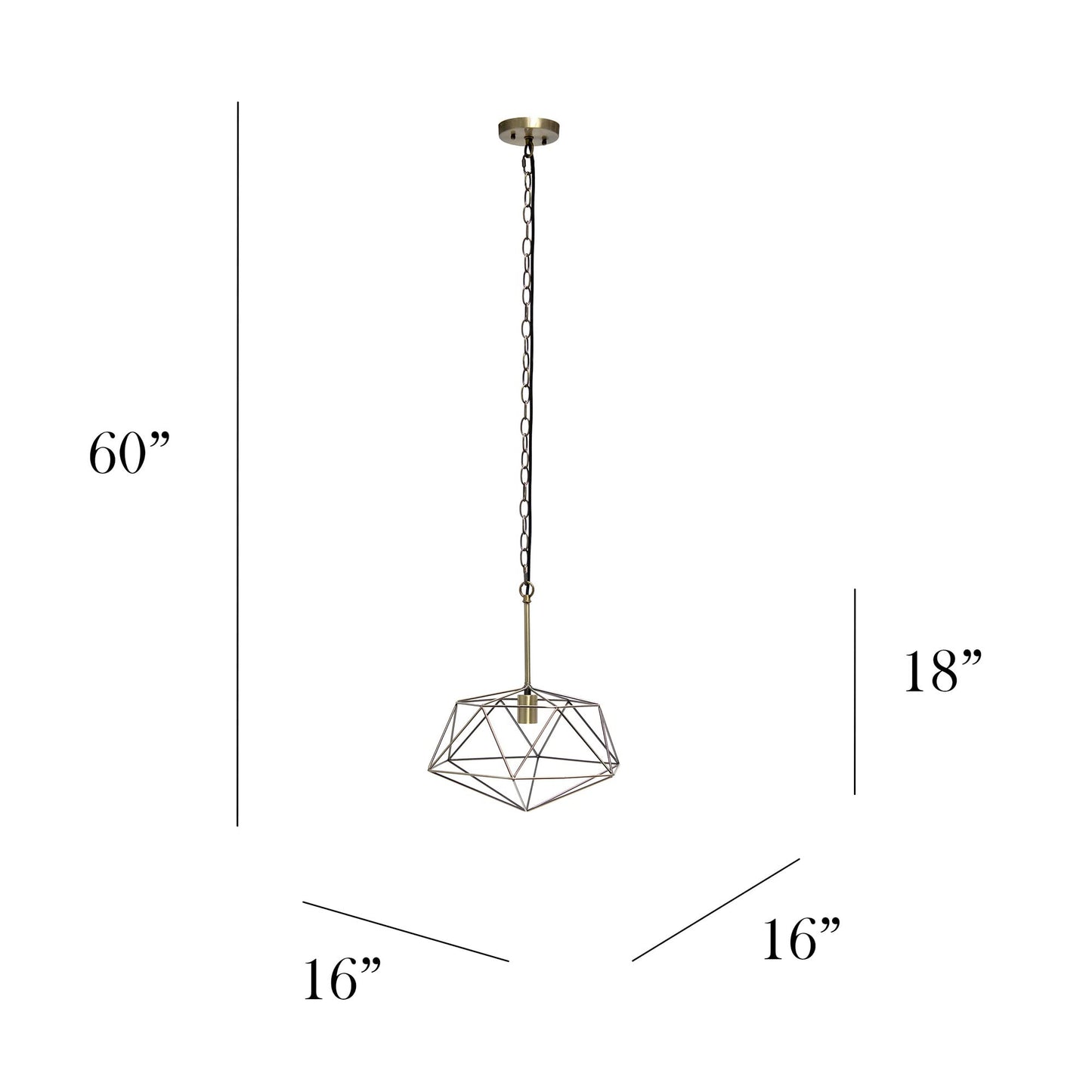 Elegant Designs PT1011-ABS 16in Geometric Diamond Pendant Light Fixture, Antique Brass, Metal Wire Cage, Industrial Style