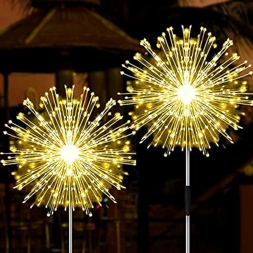 Jjgoo Solar Firework Lights  4 Pack 120 Leds 2 Lighting Modes Solar Garden Lights Outdoor Waterproof For Yard Patio Walkway Pathway Party Wedding Christmas Decorative - Warm White