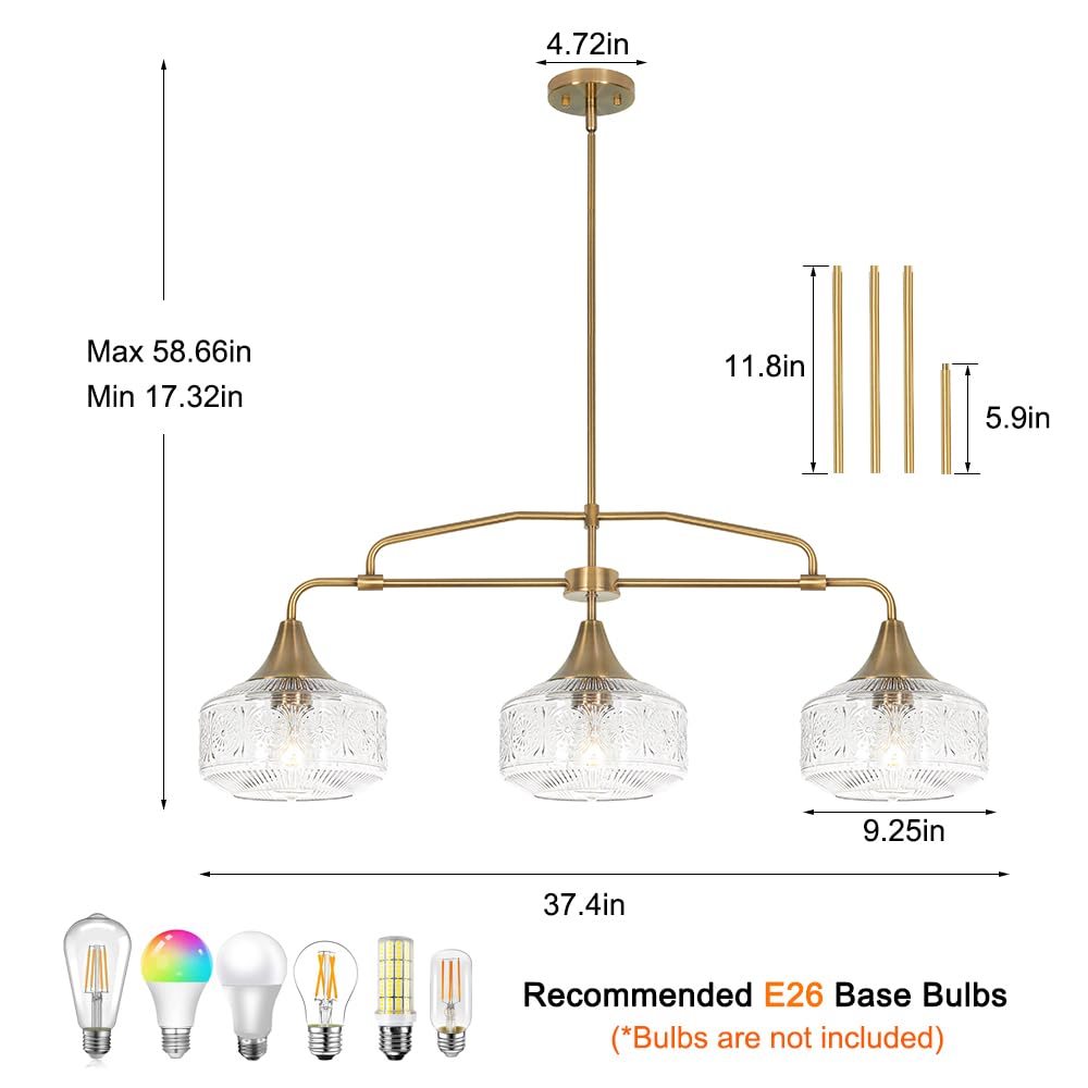 Farmhouse 3-Light Adjustable Kitchen Island Lighting With Clear Glass Shades  Brass Gold Finish Pendant Lights For Dining Room Table  Industrial Island Lights Chandelier For Modern Home Decor