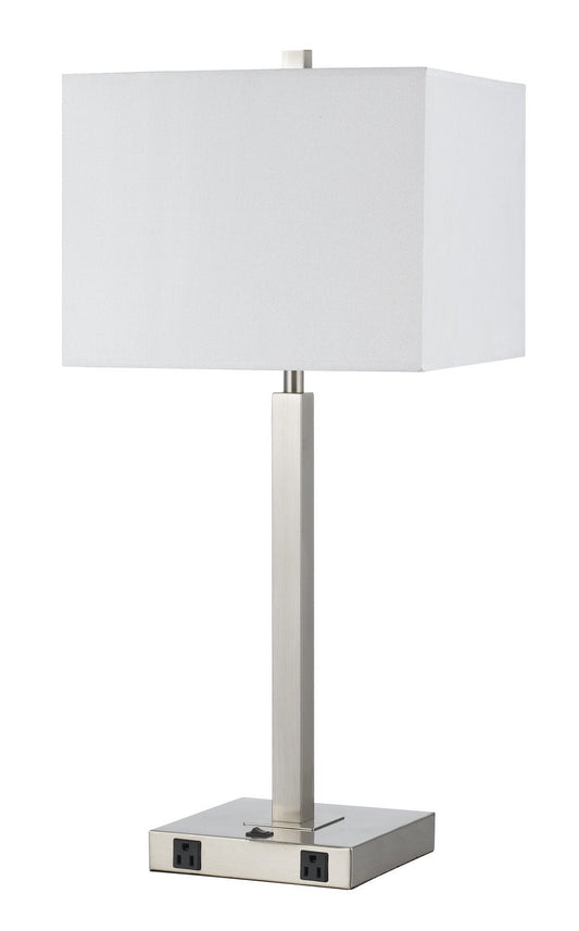 Cal 60W Metal Table Lamp with Two Outlets, Brushed Steel, 13inL x 13inW x 30inH, Model LA-8028NS-1-BS