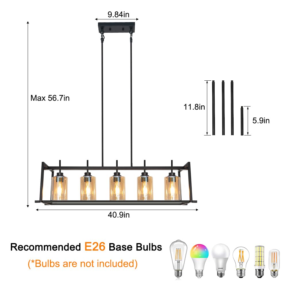 Dsmjfu Matte Black Farmhouse Dining Room Lighting Fixture  5-Light Linear Pendant Lighting  Rectangle Kitchen Light With Amber Glass Shades  Adjustable Height Rectangle Hanging For Kitchen Table