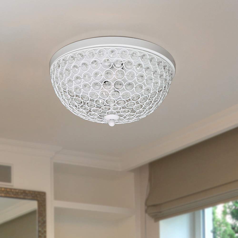 Elegant Designs FM1000-WHT Ceiling Flush Mount Light Fixture, 2-Light, Crystal, 13in x 13in x 6.5in, White
