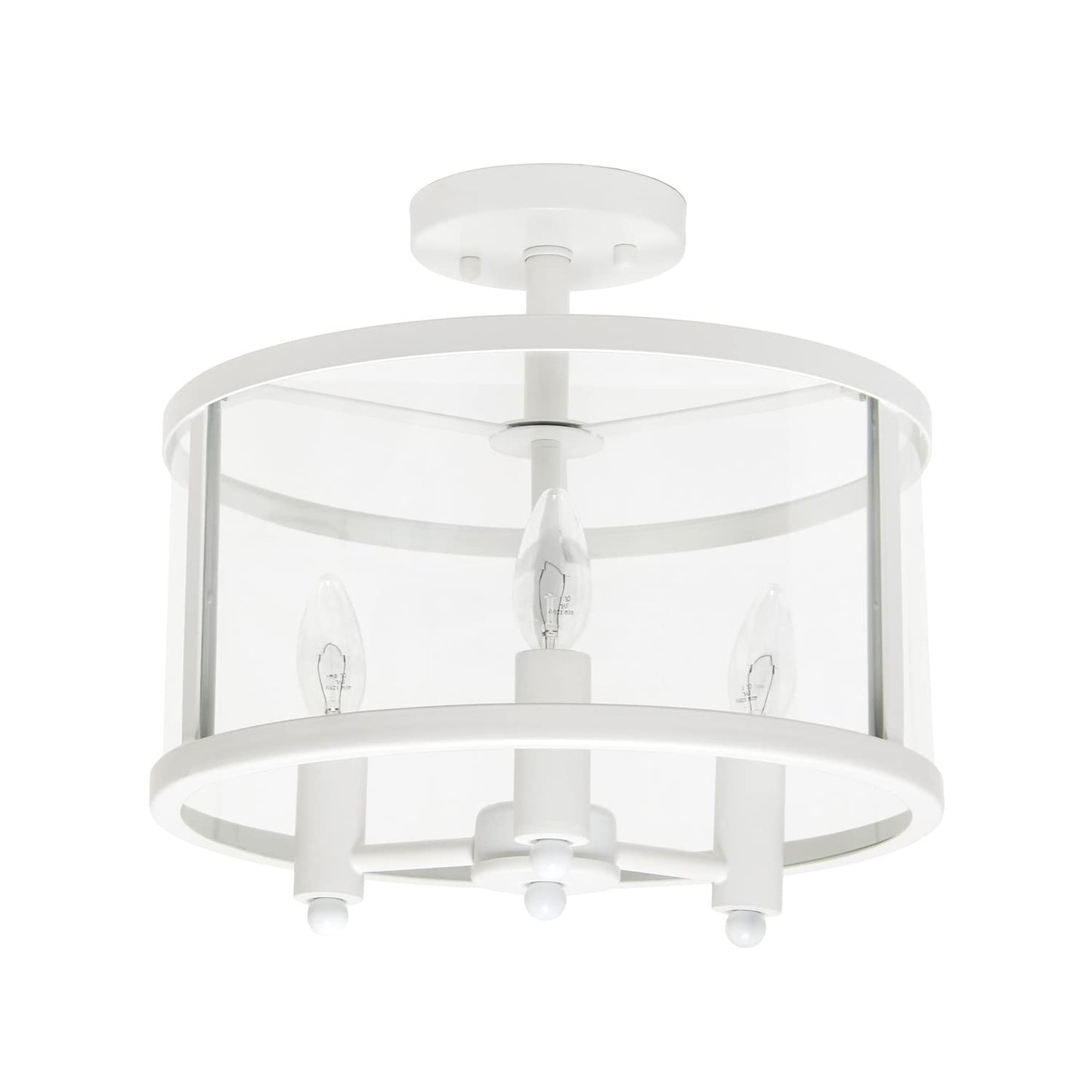 Elegant Designs FM1005-WHT 3-Light Semi-Flushmount Ceiling Light, 13in Iron & Glass, Matte White, Traditional Farmhouse Style