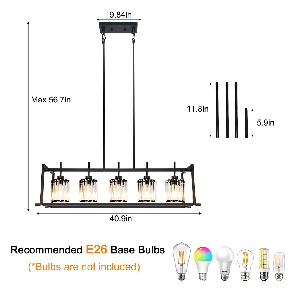 Dsmjfu Black Farmhouse Rectangular Chandelier For Dining Room  5-Light Linear Pendant Lighting  Rectangular Kitchen Island Light With Crystal Shades  Adjustable Height Rectangle Hanging Lighting