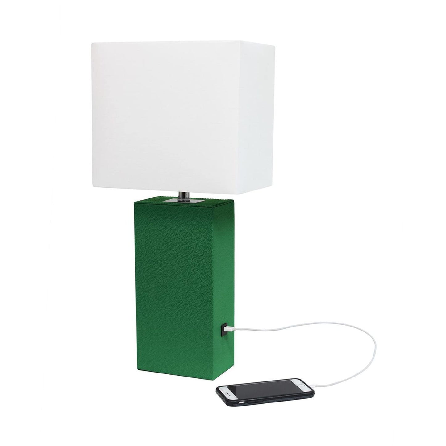 LALIA HOME 21in Leather Base Bedside Table Lamp with USB Charging Port, Green, Model LHT-3012 Family for Living Room, Bedroom, Office