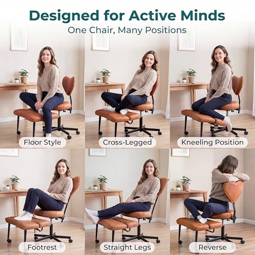 NYPOT Active Sitting Office Chair — Ergonomic Multi-Position Seat (Cross-Legged, Kneeling & Perch) with Adjustable Knee Rest, Back Support, Wheels & 360° Swivel (Brown)