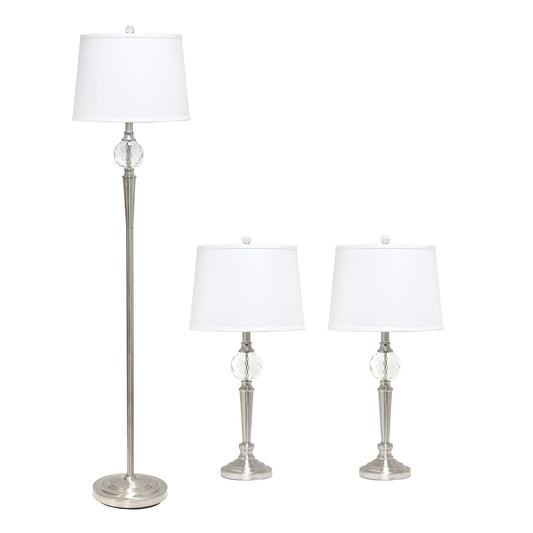 Elegant Designs LC1021-BSN Table Lamp Set, 3 Pack, Brushed Nickel, Crystal Accented Base, 2 Table Lamps & 1 Floor Lamp