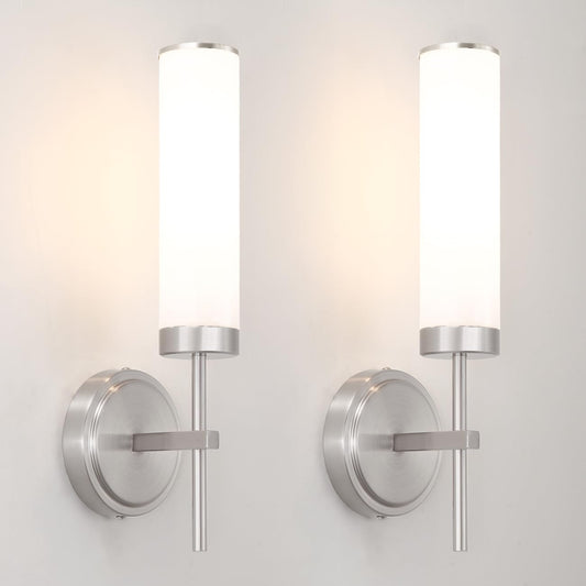 Brushed Nickel Wall Sconces Set Of 2  Modern Bathroom Sconces Wall Lighting With Opal White Glass  Vanity Light Fixtures For Bathroom  Wall Mount Lights For Living Room Bedroom Hallway  Hardwired
