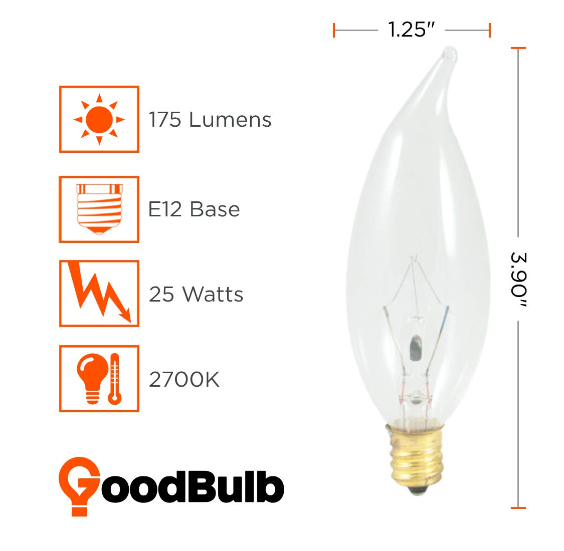 GoodBulb 25W Flame Tip Candelabra Light Bulbs, Dimmable, 175 Lumens, 12 Count, Clear Flame Finish