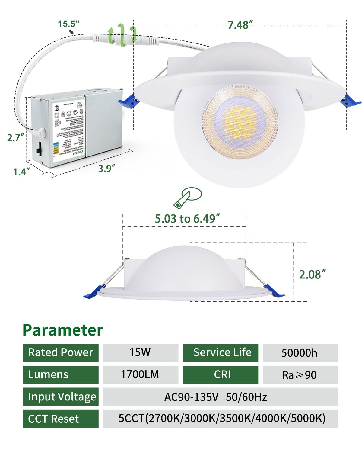 Zouzai 6 Inch 5Cct Gimbal Led Recessed Lights  360+90 Adjustable Directional Recessed Lighting  2700K/3000K/3500K/4000K/5000K Dimmable Retrofit Eyeball Can Lights With Jbox  Etl(White  12 Pack)