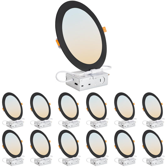 Dllt Led Recessed Ceiling Lights: Black 12 Pack 8 Inch 5Cct Ultra-Thin Lighting With Junction Box For Bedroom - 1800Lm Brightness 18W Eqv 170W Dimmable Canless Wafer Downlight With Etl&Fcc
