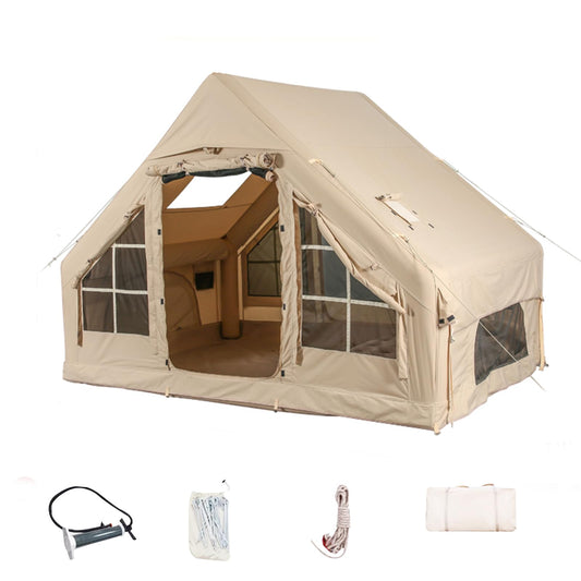 Inflatable Camping Tents with Hand Pump, Air Glamping Tents, Easy Setup Waterproof and Windproof Blow up Tent, 4 Seasons Oxford Cabin Tent with Mesh & Chimney Window. (10 * 6.9ft)