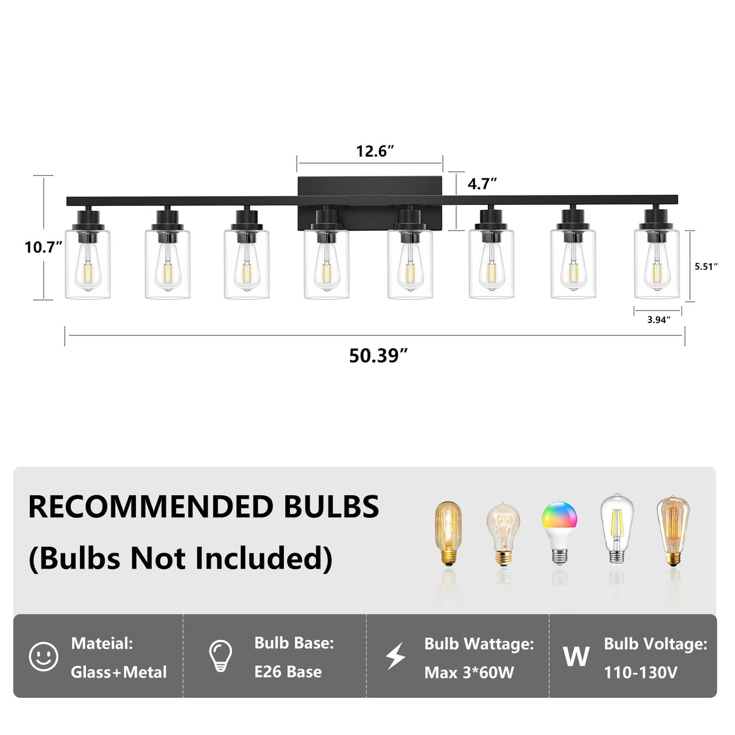 Hccz 8 Light Black Bathroom Vanity Light Fixture  Long Farmhouse Vanity Lights Over Mirror Modern Large Bathroom Lighting Wall Light With Clear Glass Globe For Mirror Living Room Bedroom