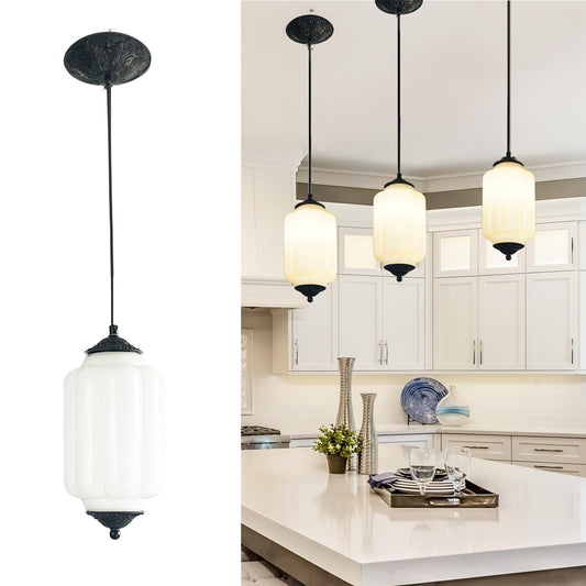 Yesids Vintage Milk Glass Pendant Lights Kitchen  Brass Color Glass Ceiling Light Fixture  Retro Industrial Pendant Lighting For Dining Room  Kitchen  Bedroom  Entryway  Hallway (White  5.5In)