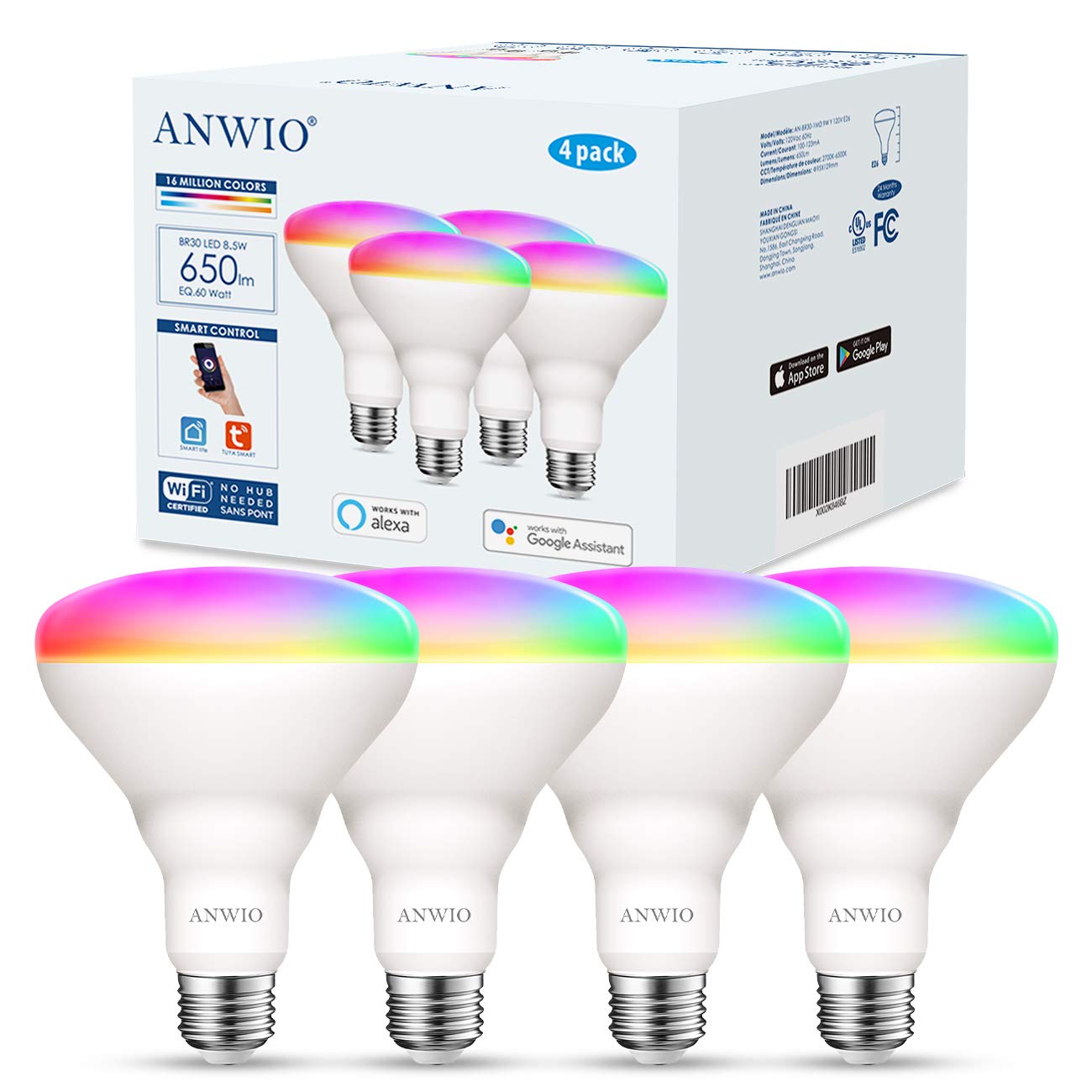 ANWIO Smart Light Bulb BR30 RGB LED WiFi Dimmable 8.5W, Compatible with Alexa & Google Assistant, 4 Pack