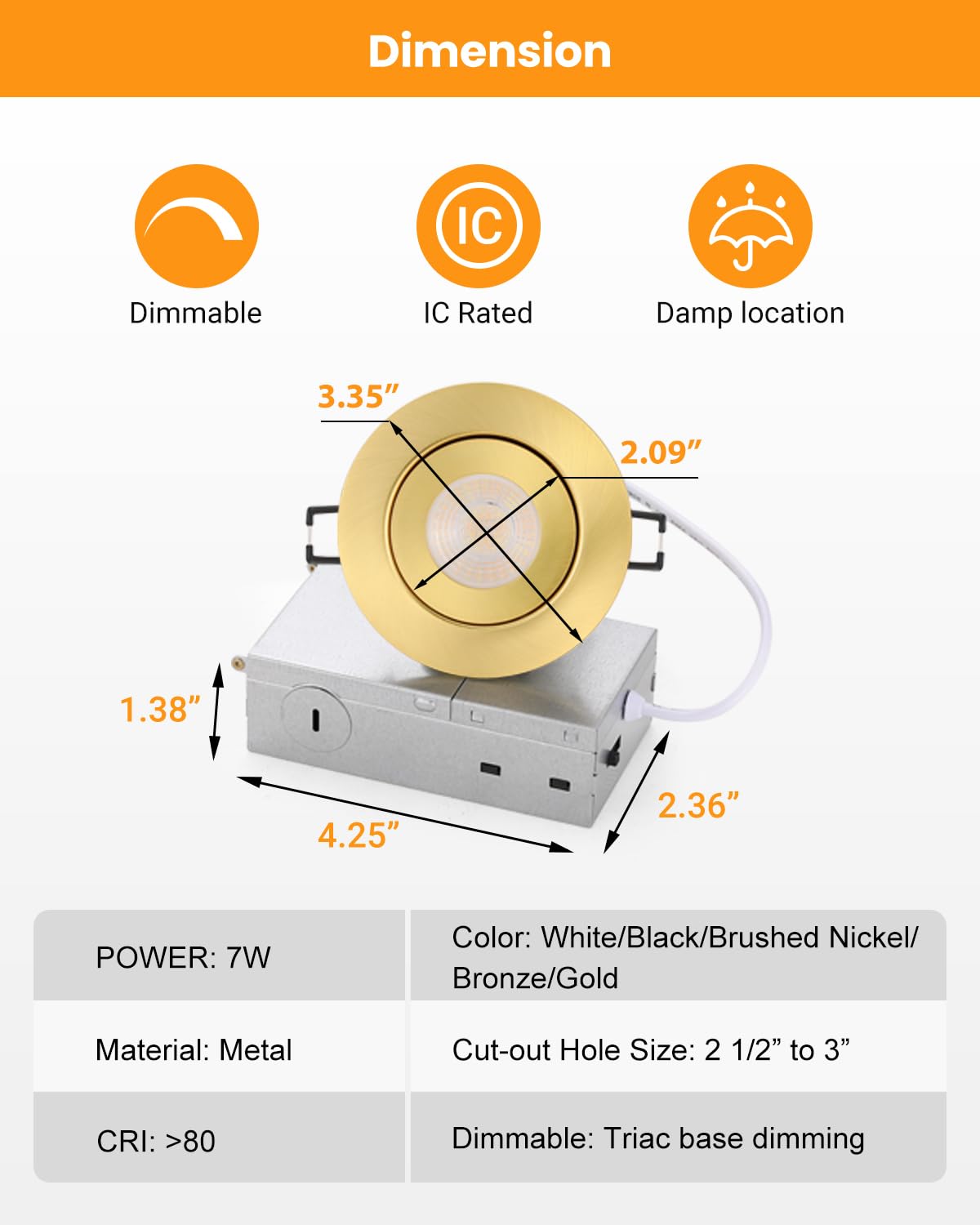 Gold Recessed Lighting Fixtures 3Inch - 7W Canless Cct Selectable Gimbal Ceiling Led Recessed Lights Dimmable Indoor Swivel Downlight For Accent Lighting 360 Adjustable 90 Tilt Spotlights 6Pack Gold