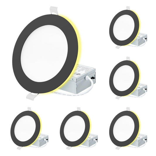 Eosmile 6 Pack Black Recessed Lighting With Night Light 6 Inch  2700K 3000K 3500K 4000K 5000K Selectable  Canless Wafer Light  12W  120V  1100Lm  Dimmable  Etl Fcc
