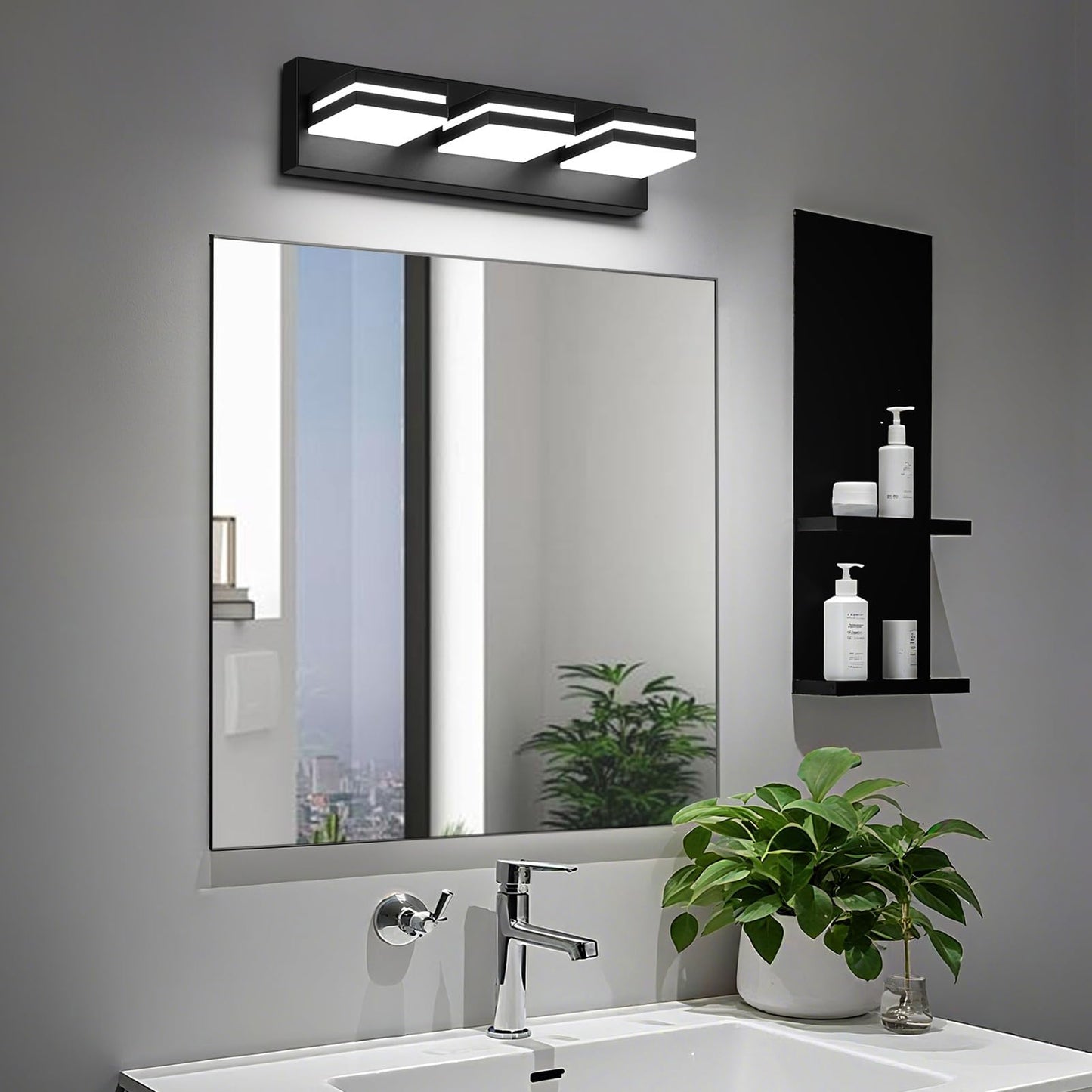 Jzekvn Modern Led Bathroom Lights Fixtures(3-Light) Metal Black Acrylic Wall Lighting Vanity Lights For Bathroom Over Mirror(6000K 16In
