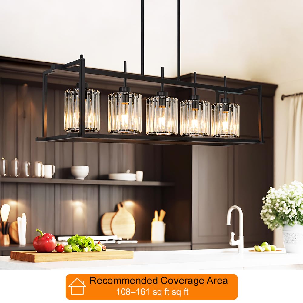 Dsmjfu Black Farmhouse Rectangular Chandelier For Dining Room  5-Light Linear Pendant Lighting  Rectangular Kitchen Island Light With Crystal Shades  Adjustable Height Rectangle Hanging Lighting