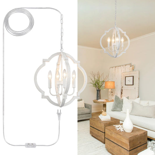 Lasenchoo Plug In White Farmhouse Chandelier Lighting With Long Cord  4-Light Hanging Light Fixture Plug In Pendant Light For Ceiling  Wood Rustic Geometric Chandeliers For Dining Room Gazebo Outdoor