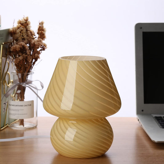 BSOD Glass Mushroom Bedside Table Lamp, Stripe Yellow, Cute Small, Murano Vintage Style for Home Decor, Model Bsod-SW-Lamps007