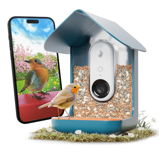 Birdbuddy PRO Non Solar Smart Bird Feeder with Camera - AI Bird Species Identification, 5MP Photos, 2K HD Video Live Stream Camera, Slow-Motion Video, 2.6in Focus - Blue - Non Solar