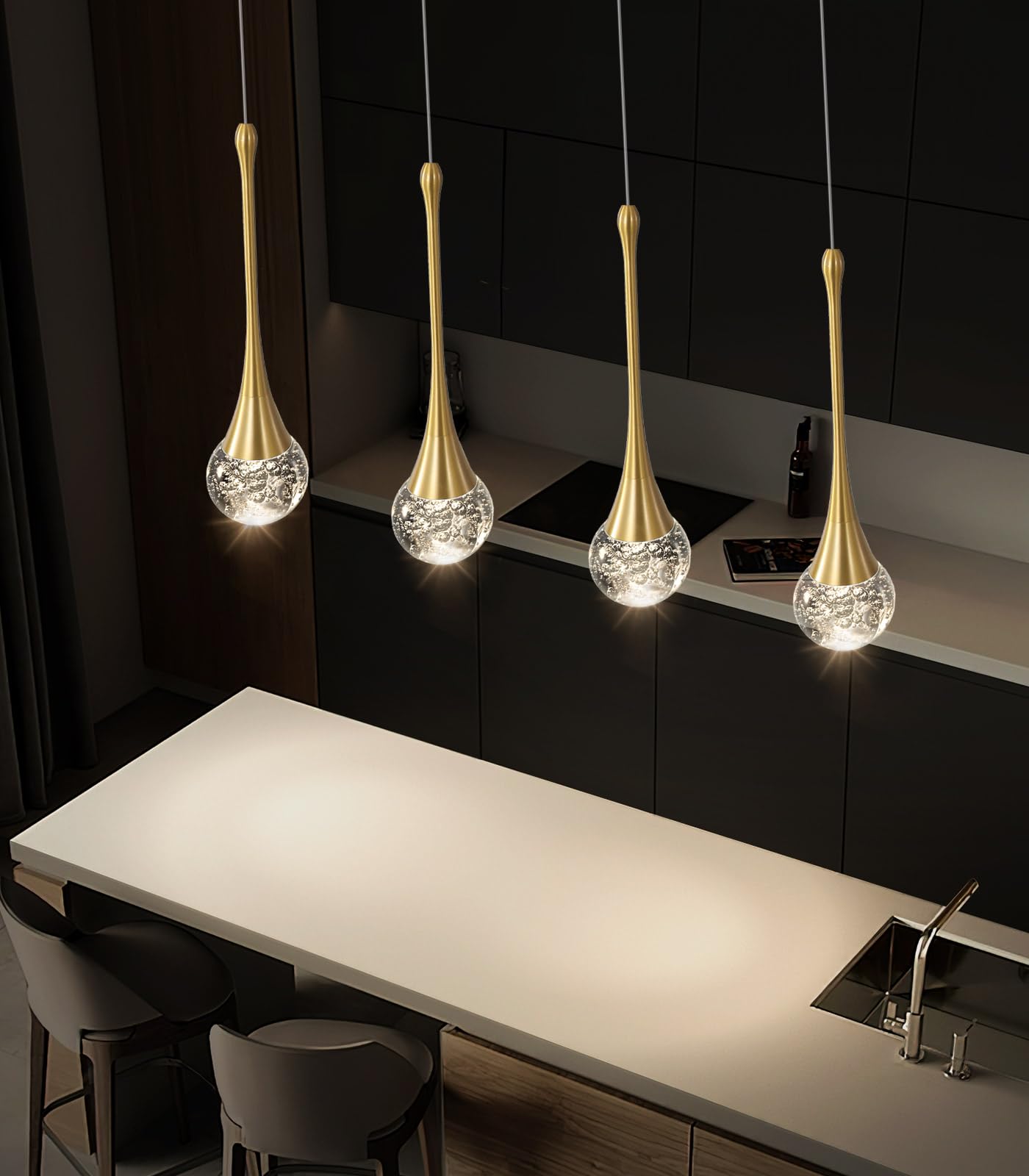 4-Lights Modern Pendant Lights For Kitchen Island Led Dimmable Crystal Glam Ceiling Pendant Lighting Chandelier For Dining Room Hallway Bedroom Gold