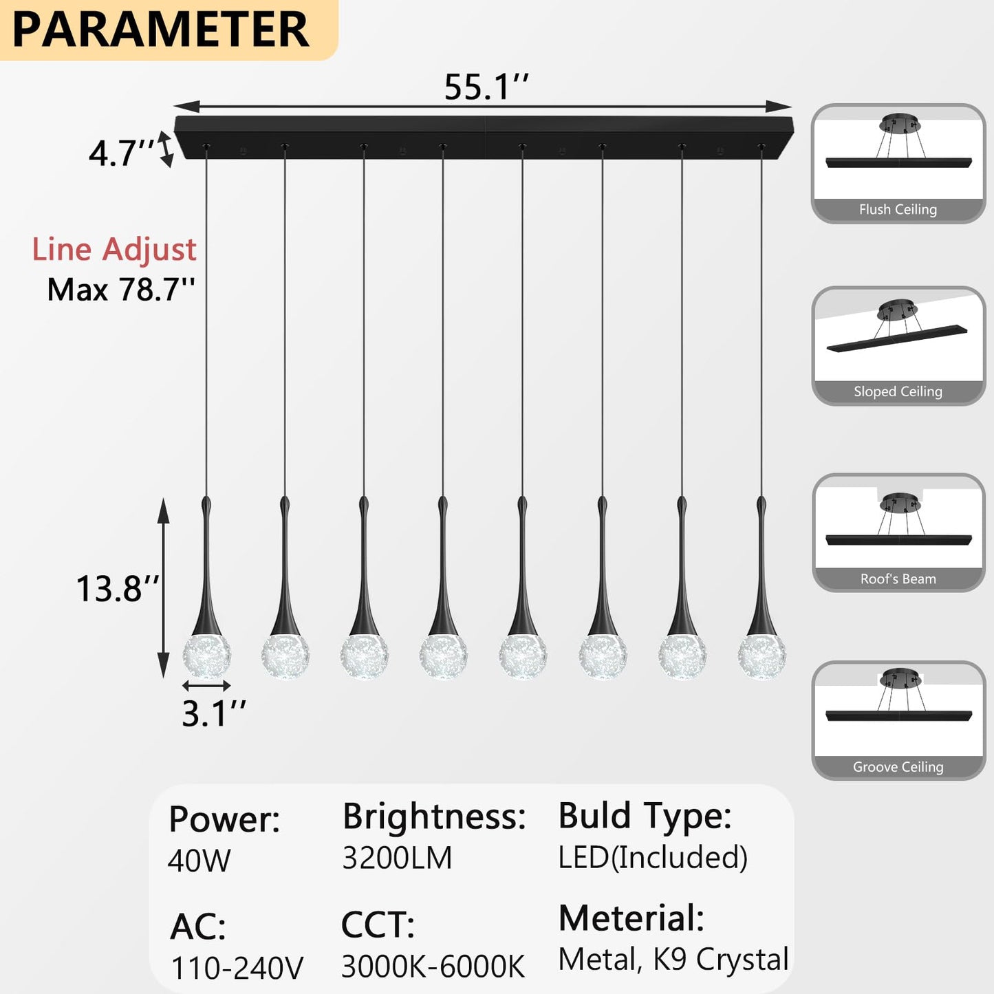8 Light Modern Glam Crystal Rectangular Chandelier For High Ceiling Led Dimmable Ceiling Pendant Light Kitchen Island Staircase Foyer Enterway Living Room Chandelier Lighting Antique Black