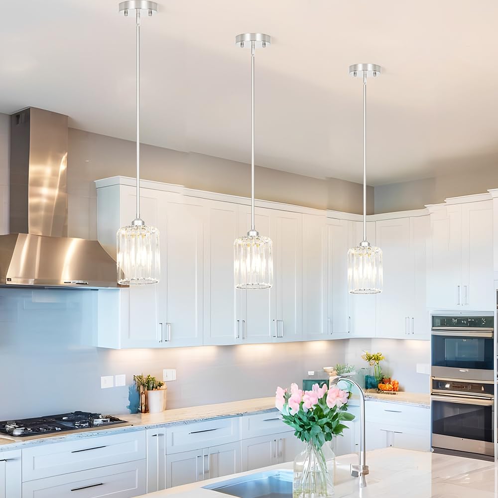 Lxybcce Chrome Kitchen Pendant Lights Over Island With Adjustable Rods - Crystal Pendant Lighting Fixtures 3 Pack  Ideal Over Dining Table Or Bar  E26 Bulb Compatible  No Electrician Needed