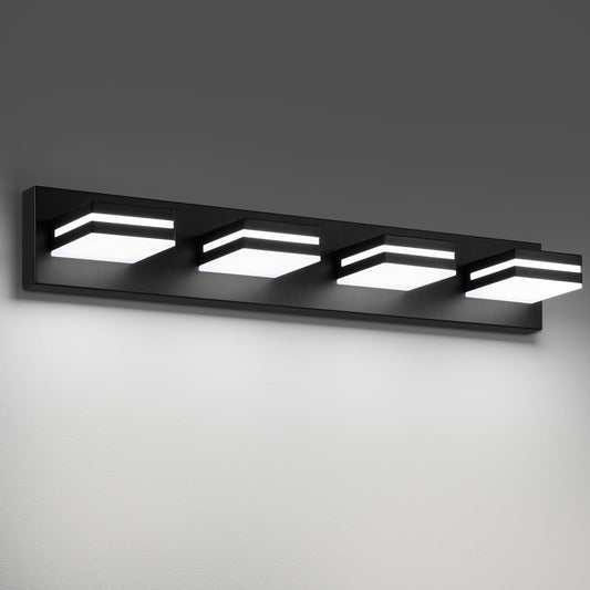 Jzekvn Modern Led Bathroom Lights Fixtures(4-Light) Metal Black Acrylic Wall Lighting Vanity Lights For Bathroom Over Mirror(6000K 27In