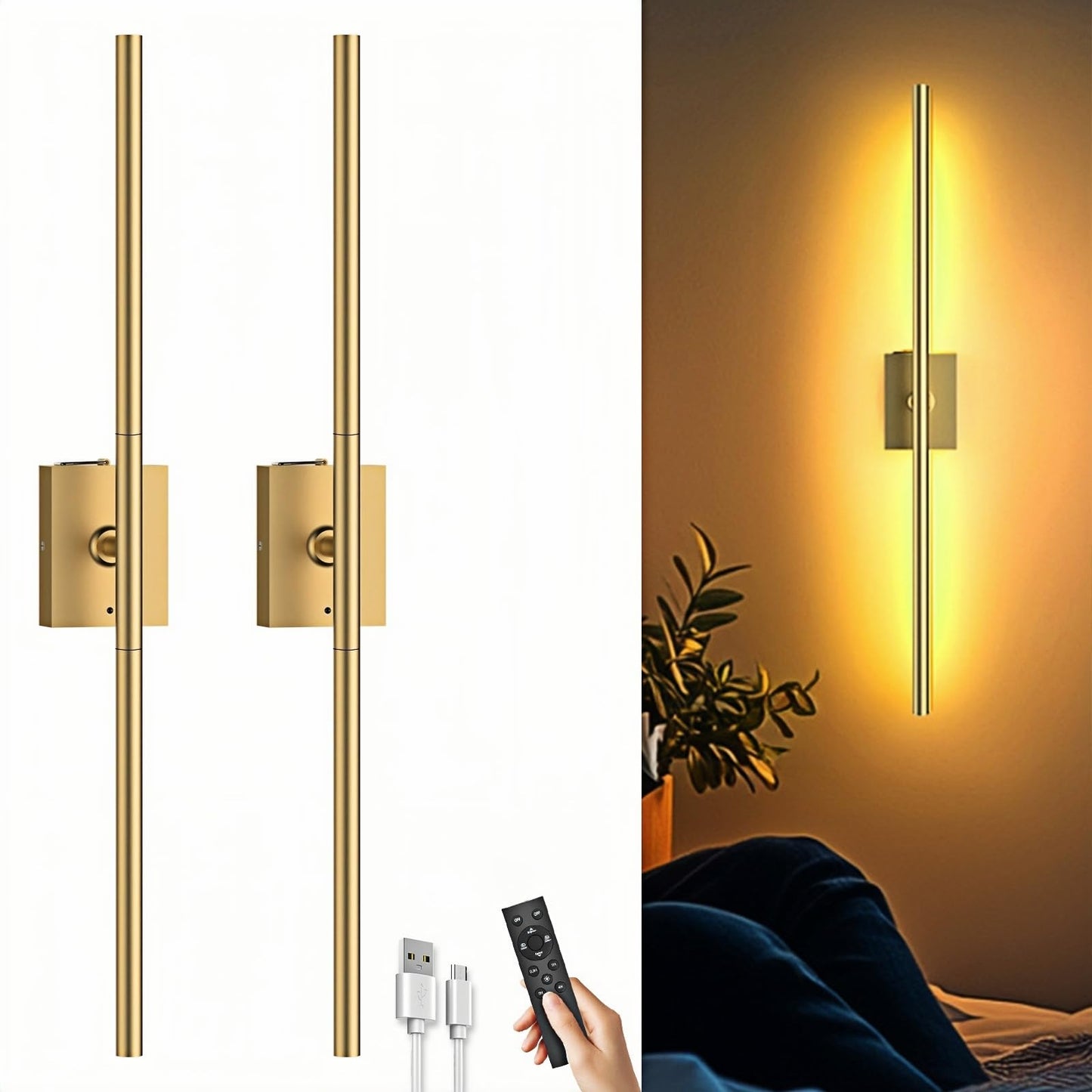 Battery Operated Wall Sconces Set Of Two: Dimmable Wireless Wall Lights With Remote  31.5Inch Led Rechargeable Sconces  360?Lighting Wall Scone Decor For Tv  Mirror  Bedroom  Living Room(Gold)